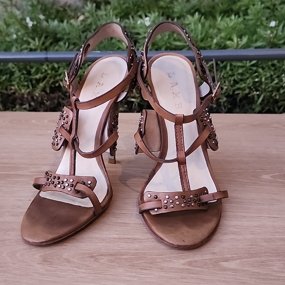 Brown Leather Studded L.A.M.B. Made in Brazil High Heel Sandals Size 6.5 - Picture 2 of 13